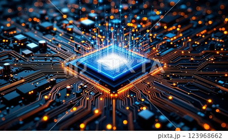 未来の情報処理 – 高性能コンピューターチップのイメージ【Generative AI】 未来の情報処理 – 高性能コンピューターチップのイメージ【Generative AI】 123968662