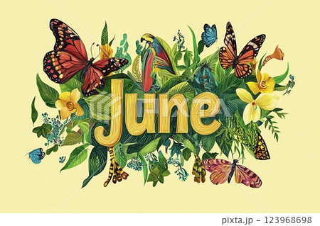 Vibrant design celebrating June with colorful butterflies and tropical plants. The artwork includes lush greenery and flowers with the word June prominently displayed, evoking a summer feel. 123968698