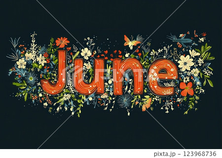 Colorful lettering of June surrounded by various flowers and greenery. The design captures the essence of summer with vivid colors and intricate floral details, evoking warmth and joy. Colorful lettering of June surrounded by various flowers and greenery. The design captures the essence of summer with vivid colors and intricate floral details, evoking warmth and joy. 123968736