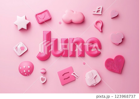 Bright pink decorations are arranged creatively around the bold lettering spelling June. Various shapes such as stars, hearts, and clouds add a playful touch. Bright pink decorations are arranged creatively around the bold lettering spelling June. Various shapes such as stars, hearts, and clouds add a playful touch. 123968737