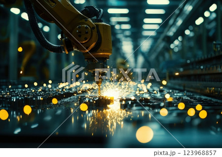 A robotic arm is engaged in cutting metal sheets in a bustling factory. Sparks fly as it operates, illuminating surrounding equipment and creating a dynamic atmosphere of manufacturing activity. 123968857