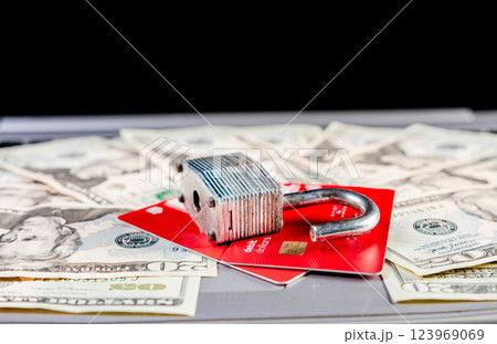 Padlock with credit card on top of dollars. Padlock on top of credit card on dollar bills, Concept of credit card information theft 123969069