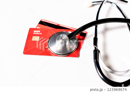 Stethoscope on isolated credit card. Online healthcare payment concept, A stethoscope on credit cards on white background Stethoscope on isolated credit card. Online healthcare payment concept, A stethoscope on credit cards on white background 123969074