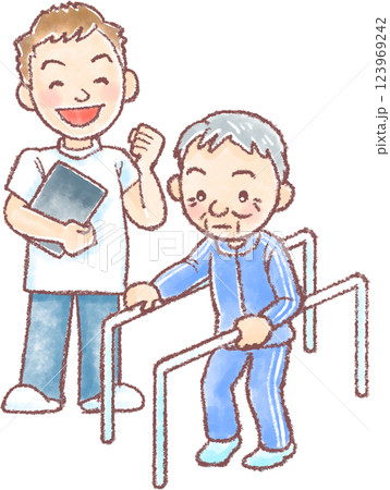 歩行リハビリ_高齢男性_男性介護士 123969242