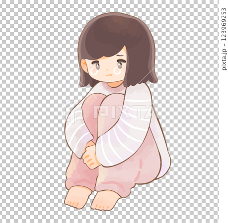 A child in pajamas crying with his knees hugged to his chest, refusing to go to school 123969253