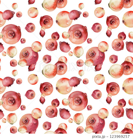 Lingonberry cranberry, dew drops hand drawn in watercolor, scattered ripe forest berry group, bearberry teaberry. Seamless pattern isolated illustration. Textile, farmers market menu, scrapbooking 123969257