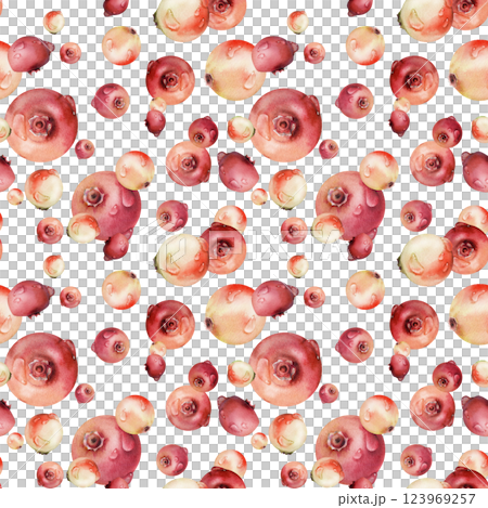 Lingonberry cranberry, dew drops hand drawn in watercolor, scattered ripe forest berry group, bearberry teaberry. Seamless pattern isolated illustration. Textile, farmers market menu, scrapbooking 123969257