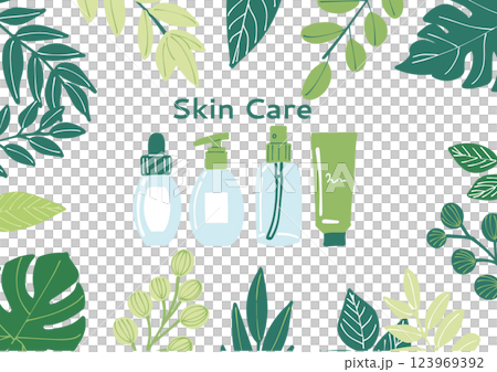 Illustrations promoting cosmetics and skin care products surrounded by leaves 123969392