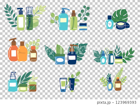 Illustration set of natural cosmetics with hand-drawn cosmetics and bottles decorated with leaves 123969393