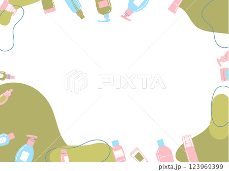 化粧品のボトルやケースなどを散りばめたフレームのイラスト 化粧品のボトルやケースなどを散りばめたフレームのイラスト 123969399