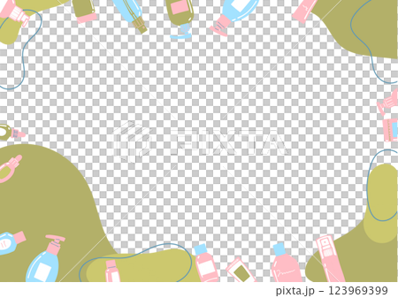 化粧品のボトルやケースなどを散りばめたフレームのイラスト 化粧品のボトルやケースなどを散りばめたフレームのイラスト 123969399