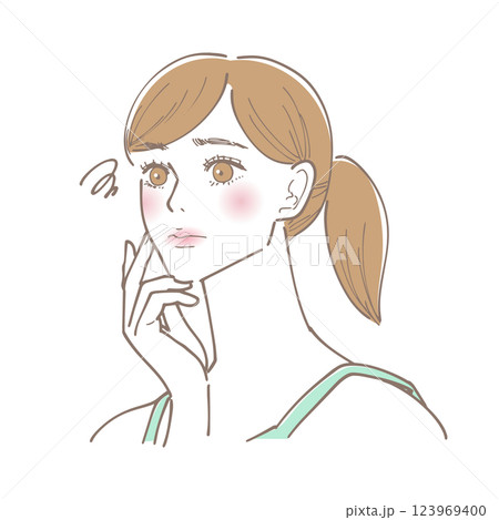 自分の顔を見てちょっと落ち込んでいる女性のイラスト 123969400