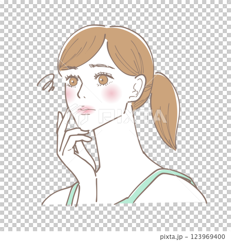 自分の顔を見てちょっと落ち込んでいる女性のイラスト 123969400