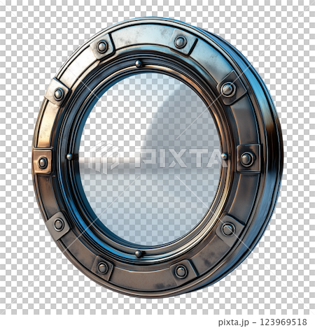 Round metal porthole window isolated on a transparent background. Nautical ship porthole with a reflective glass surface and metallic rivets 123969518