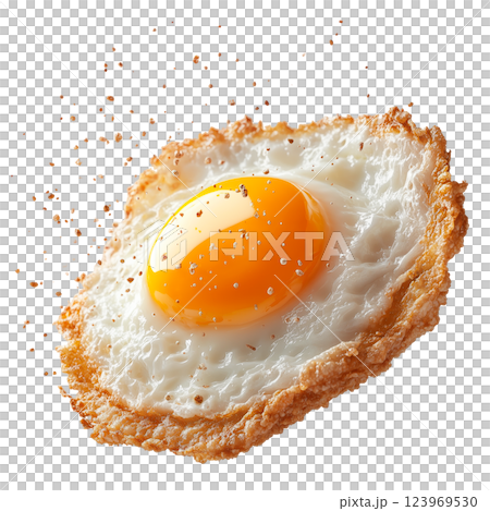 Crispy fried egg with golden yolk isolated on a transparent background. A flying egg with a crispy crust and flying crumbs. 123969530
