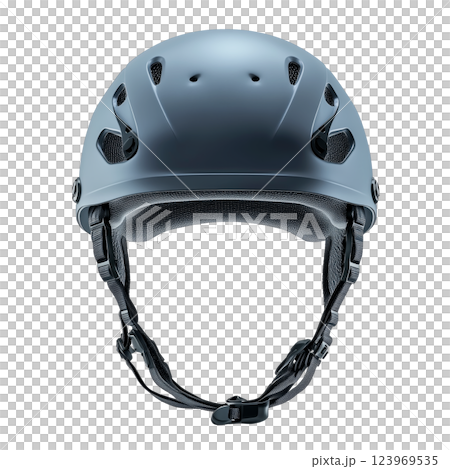 Dark blue sports helmet isolated on a transparent background. Modern protective headgear with adjustable straps and ventilation holes, designed for cycling, skateboarding, and extreme sports. 123969535