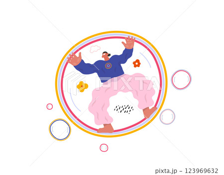 Life Unframed: Bubble -modern flat vector concept illustration of a man flying in the giant bubble. Metaphor of unpredictability, imagination, whimsy, cycle of existence, play, growth and discovery 123969632