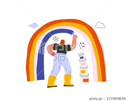 Life Unframed: Rainbow artist -modern flat vector concept illustration of a man drawing a rainbow. Metaphor of unpredictability, imagination, whimsy, cycle of existence, play, growth and discovery 123969646