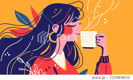 A stylish girl enjoying a cup of coffee in a minimalist flat illustration style. Perfect for lifestyle, coffee culture, and relaxation themes vector illustration A stylish girl enjoying a cup of coffee in a minimalist flat illustration style. Perfect for lifestyle, coffee culture, and relaxation themes vector illustration 123969650