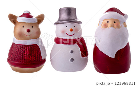 Snowman dolls, Santa Claus dolls, and teddy bears for Christmas decorations isolated on a white background Snowman dolls, Santa Claus dolls, and teddy bears for Christmas decorations isolated on a white background 123969811