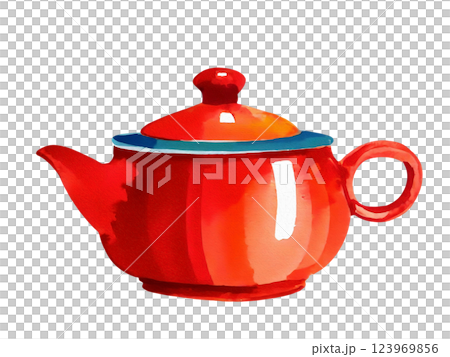 Stylish red teapot watercolor illustration, cut out on transparent background 123969856