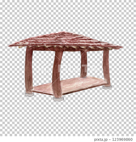 Asian style pavilion watercolor illustration. Hand drawn design element perfect for cards, posters, landscape design, scrapbook paper, banners, wallpaper. Korean architecture, traditional. Tiled roof 123969860