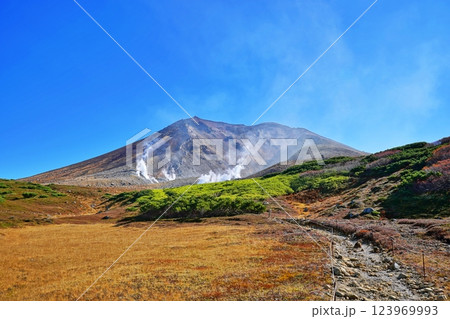 秋の北海道 大雪山連峰の主峰 旭岳と登山道 123969993