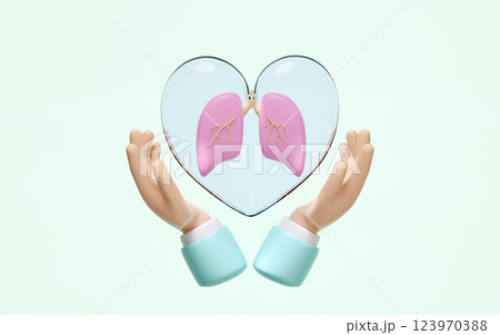 3d hand with human lung in heart transparent isolated on green background. world pneumonia day, check lung health, organs concept, 3d illustration render 3d hand with human lung in heart transparent isolated on green background. world pneumonia day, check lung health, organs concept, 3d illustration render 123970388