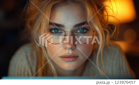 A Focused Young Woman with Stylish Glasses Sitting Comfortably by a Computer Screen 123970457