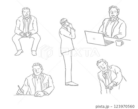 ミドル/シニアビジネスマンのスケッチセット【鉛筆画グレイ】 123970560