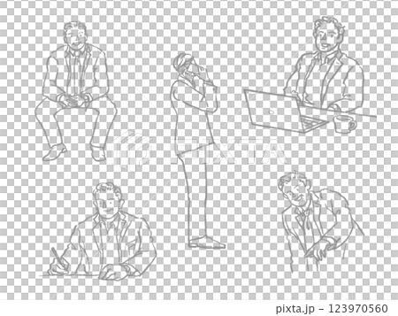 ミドル/シニアビジネスマンのスケッチセット【鉛筆画グレイ】 123970560