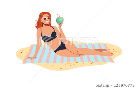 Woman Relaxing on Beach with Coconut Drink 123970775