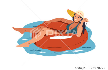 Woman Relaxing on Inflatable Ring in Sunny Weather Woman Relaxing on Inflatable Ring in Sunny Weather 123970777