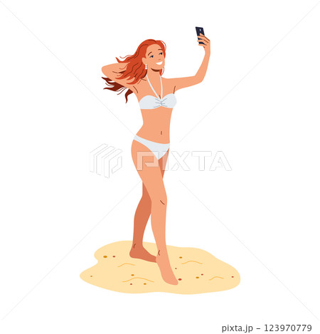 Woman Enjoying Beach Taking Selfie with Phone 123970779