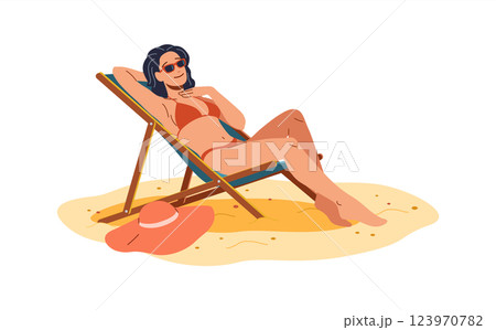 Woman Relaxing on Beach in a Sun Lounger Woman Relaxing on Beach in a Sun Lounger 123970782