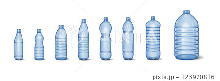 Various Sizes of Transparent Plastic Bottles Display 123970816