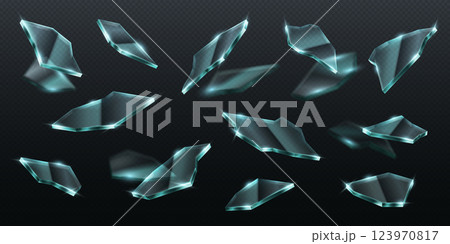 Floating transparent glass shards with sharp edges 123970817