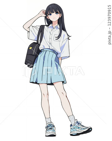 アニメ風カジュアル女子全身立ち絵　AI生成 123970915