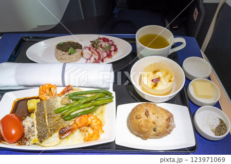 機内で提供される豪華なビジネスクラスの食事 機内で提供される豪華なビジネスクラスの食事 123971069
