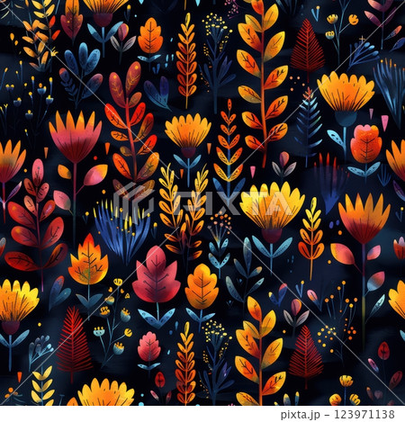 Vibrant and Colorful Floral Patterns on a Dark Background Create a Striking Visual Effect 123971138