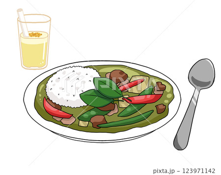 グリーンカレーとマンゴーラッシーのイラスト グリーンカレーとマンゴーラッシーのイラスト 123971142