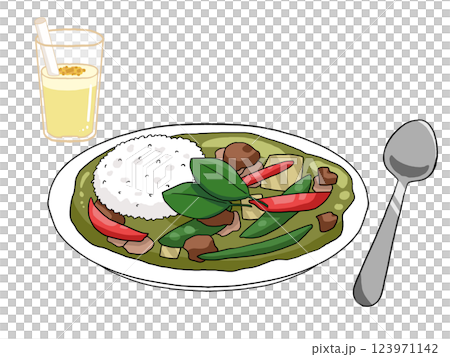 グリーンカレーとマンゴーラッシーのイラスト グリーンカレーとマンゴーラッシーのイラスト 123971142
