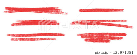 Red crayon strokes - hand-drawn straight lines with rough texture. Vivid grunge underlines to highlight and emphasize text. Bright pencil stroke borders, dividers, design elements of varied thickness 123971381