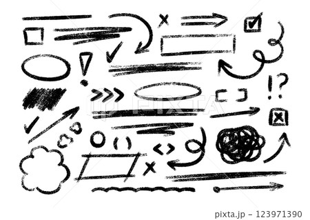 Sketchy crayon hand drawn highlight elements - circles, underlines, arrows, checkmarks and crosses. Doodle chalk line border, text emphasis graphic. Rough freehand grunge shapes for design annotation Sketchy crayon hand drawn highlight elements - circles, underlines, arrows, checkmarks and crosses. Doodle chalk line border, text emphasis graphic. Rough freehand grunge shapes for design annotation 123971390