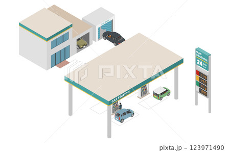 アイソメトリックイラスト：ガソリンスタンド 123971490
