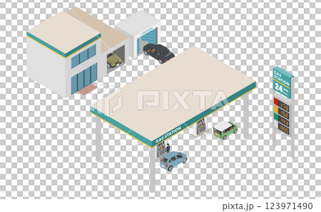 アイソメトリックイラスト：ガソリンスタンド 123971490