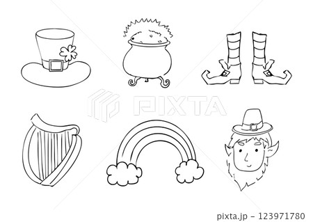 Saint Patrick Day elements decoration doodle set line traditional decorations. Rainbow, harp, coins and lucky clover icon 123971780