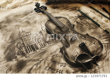 Discover the Elegant Violin Artistry beautifully rendered on a textured canvas masterpiece 123971781