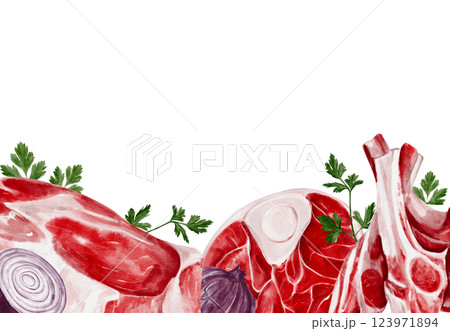 Raw meat frame. Beef and lamb. Spices for cooking steak. Red raw fillet and ribs with meat. Fresh lamb. Menu and product list design. For mint shops and steakhouses. High quality illustration Raw meat frame. Beef and lamb. Spices for cooking steak. Red raw fillet and ribs with meat. Fresh lamb. Menu and product list design. For mint shops and steakhouses. High quality illustration 123971894