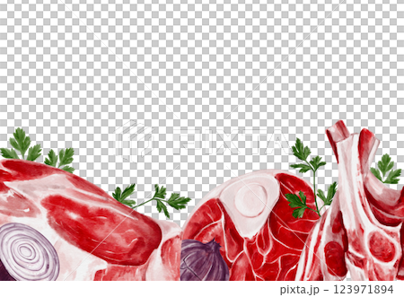 Raw meat frame. Beef and lamb. Spices for cooking steak. Red raw fillet and ribs with meat. Fresh lamb. Menu and product list design. For mint shops and steakhouses. High quality illustration 123971894